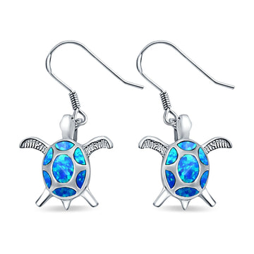 Drop Dangle Turtle Earrings Lab Created Blue Opal 925 Sterling Silver(17mm)